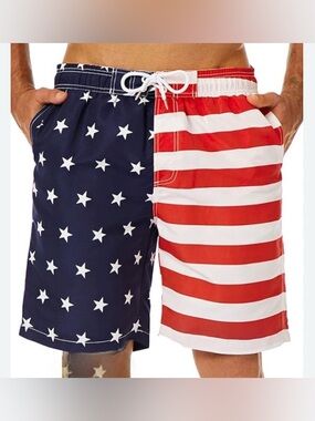 NWT Men’s Urbest Stars and Stripes Pattern Swim Trunks w/ Compression lining / L
